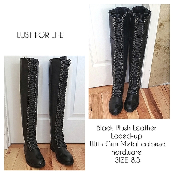 Lust For Life black leather 22" high boots 8.5 suede lace pewter chain link New - Picture 3 of 14